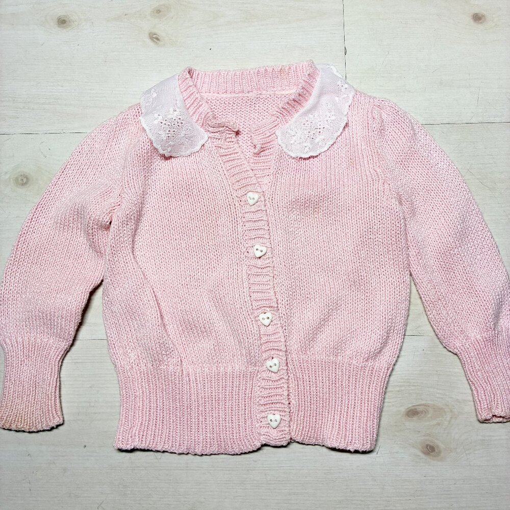 Vintage Pink Sweater with White Lace Collar Size 2-3 Toddler